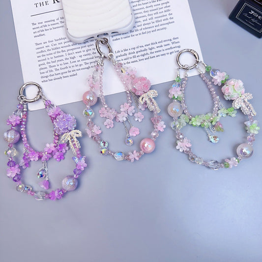 Crystal mobile phone chain beaded DIY premium sense light luxury luminous flower ball keychain hanging chain mobile phone pendant jewelry women