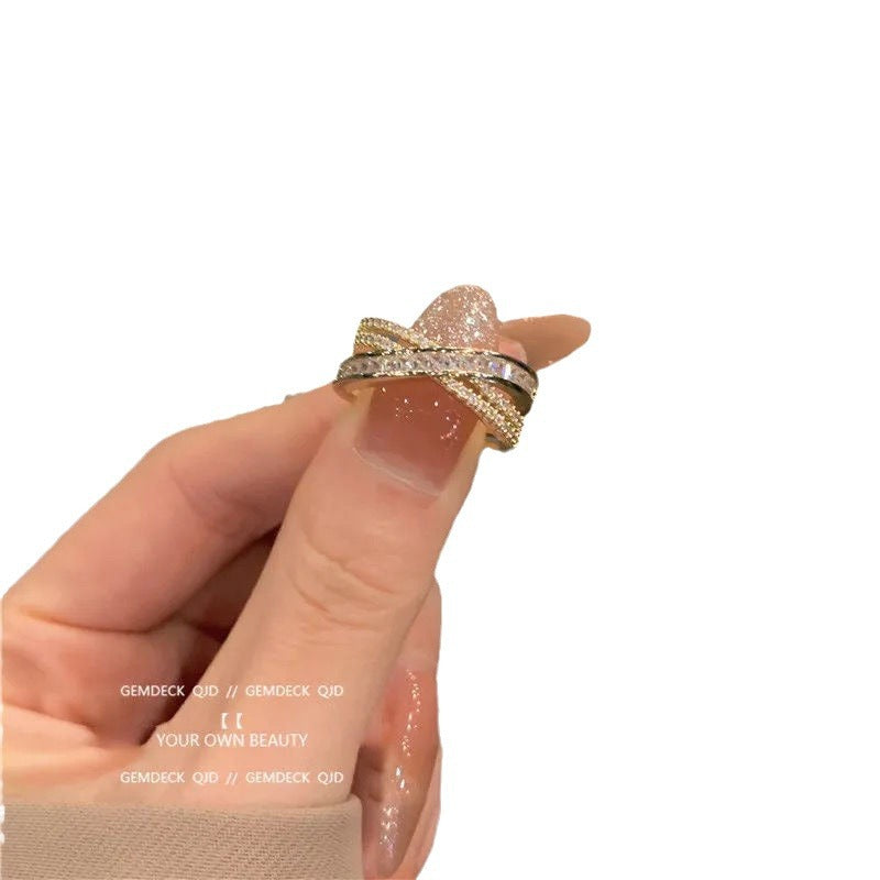 Full diamond cross three-dimensional open ring zircon fashion personality ins tide Internet celebrity micro zircon adjustable index finger ring