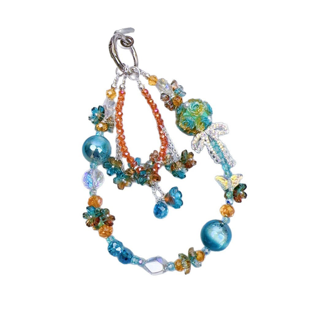 Crystal mobile phone chain beaded DIY premium sense light luxury luminous flower ball keychain hanging chain mobile phone pendant jewelry women