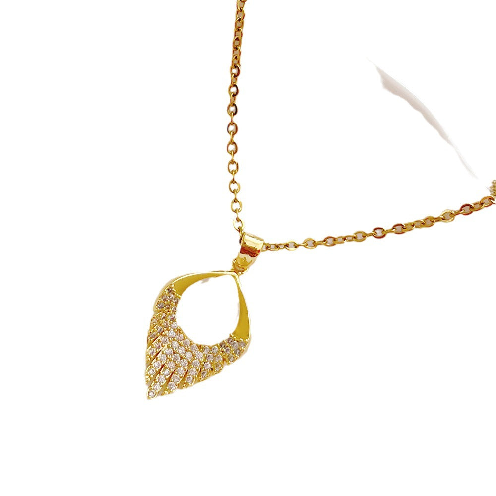 Gold micro-inlaid zircon leaf necklace 2024 new copper micro-inlaid water droplets opal Internet celebrity titanium steel o-chain
