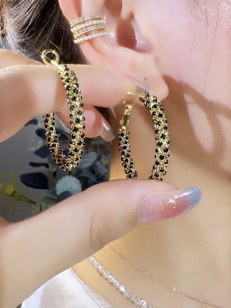 High-end circle black red full diamond gold circle earrings women's retro fashion spiral light luxury atmospheric ear jewelry