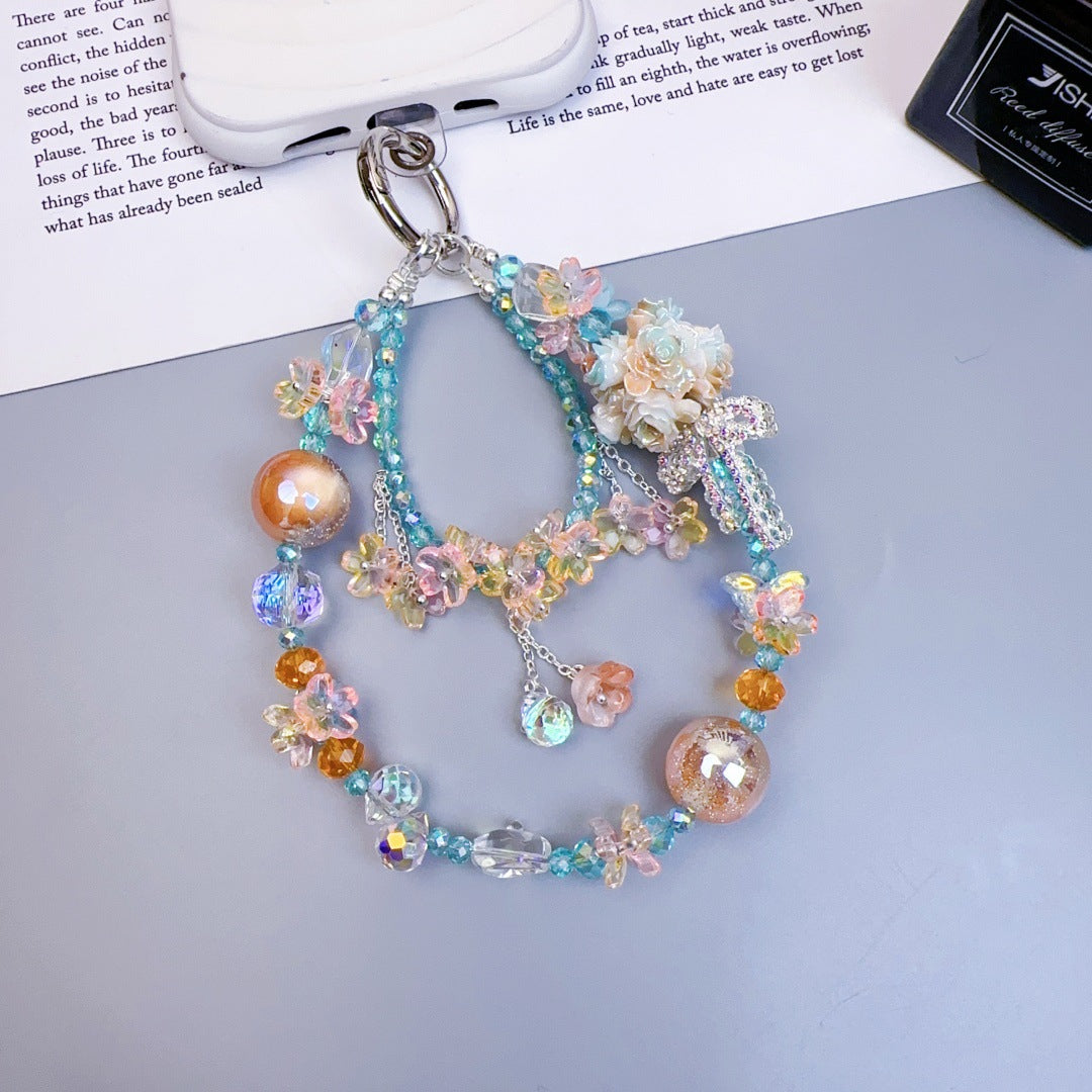 Crystal mobile phone chain beaded DIY premium sense light luxury luminous flower ball keychain hanging chain mobile phone pendant jewelry women