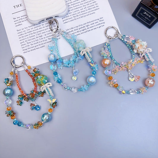 Crystal mobile phone chain beaded DIY premium sense light luxury luminous flower ball keychain hanging chain mobile phone pendant jewelry women