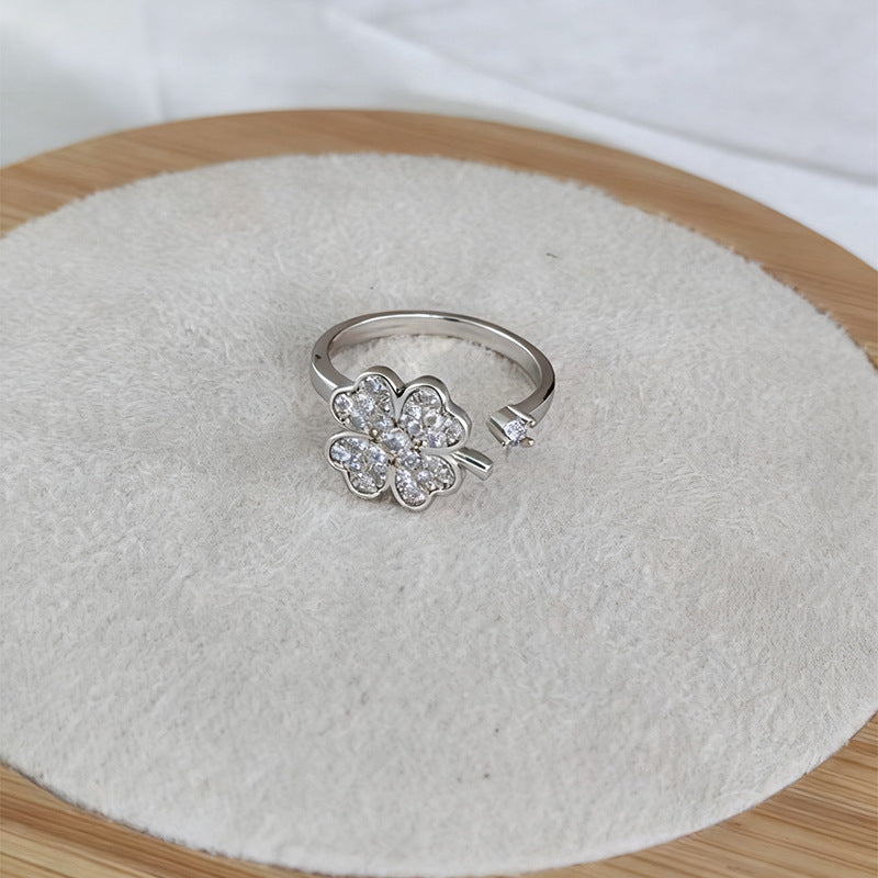 Full diamond rotating flower ring, four-leaf clover copper plated real gold ring, lucky grass guardian index finger ring opening adjustable