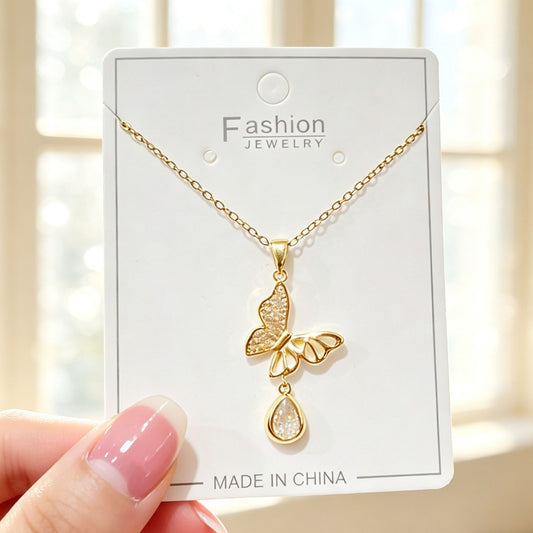 European and American cross-border new products copper micro-inlaid zircon water drop butterfly light luxury fashion personality elegant versatile collarbone necklace women