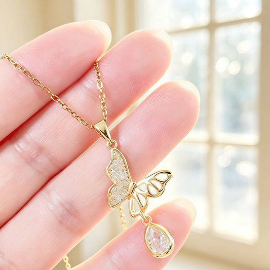 European and American cross-border new products copper micro-inlaid zircon water drop butterfly light luxury fashion personality elegant versatile collarbone necklace women