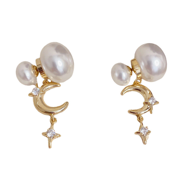 European and American cross-border personalized fashion pearls wear star and moon fringed earrings before and after temperament light luxury gentle versatile earrings women