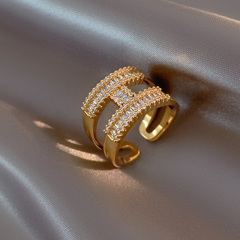 Douyin same letter H open ring, light luxury niche design, micro-inlaid zircon copper open adjustable ring