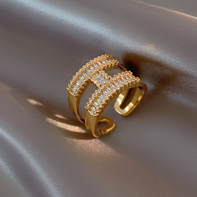 Douyin same letter H open ring, light luxury niche design, micro-inlaid zircon copper open adjustable ring