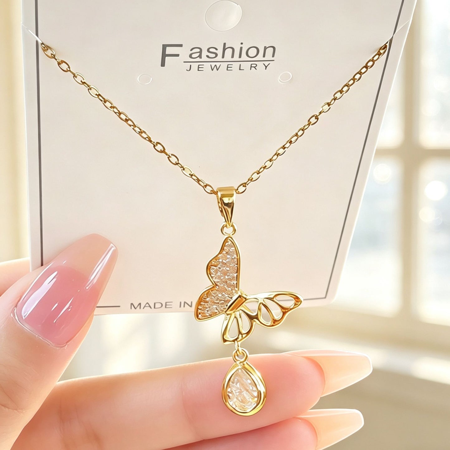 European and American cross-border new products copper micro-inlaid zircon water drop butterfly light luxury fashion personality elegant versatile collarbone necklace women