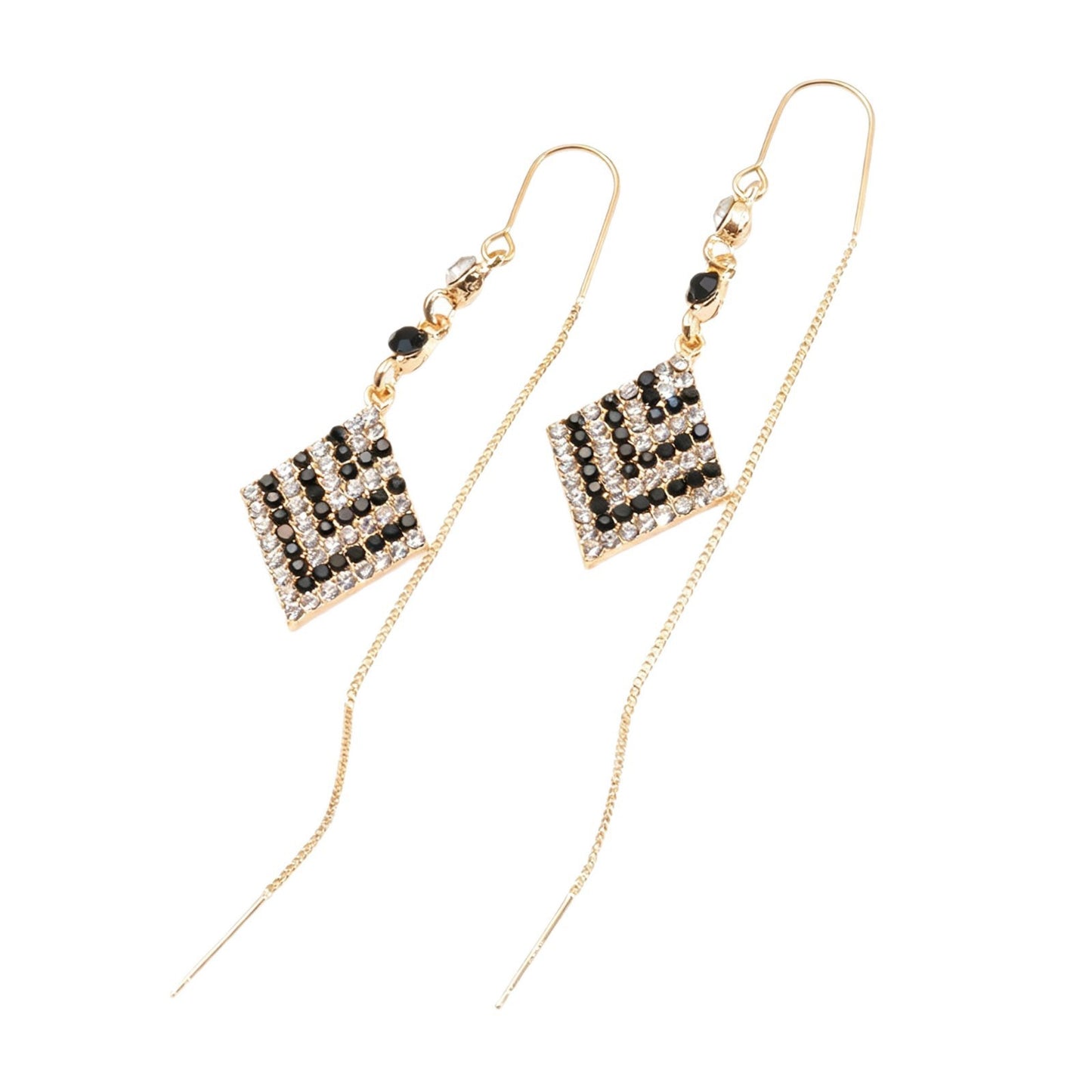 Unique design high-end thousand bird grid rhombus earrings, black and white zircon super flash long tassel earrings show face and thin woman