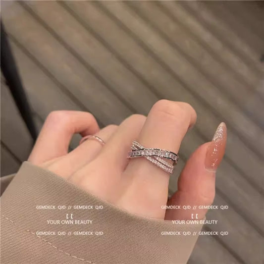 Full diamond cross three-dimensional open ring zircon fashion personality ins tide Internet celebrity micro zircon adjustable index finger ring