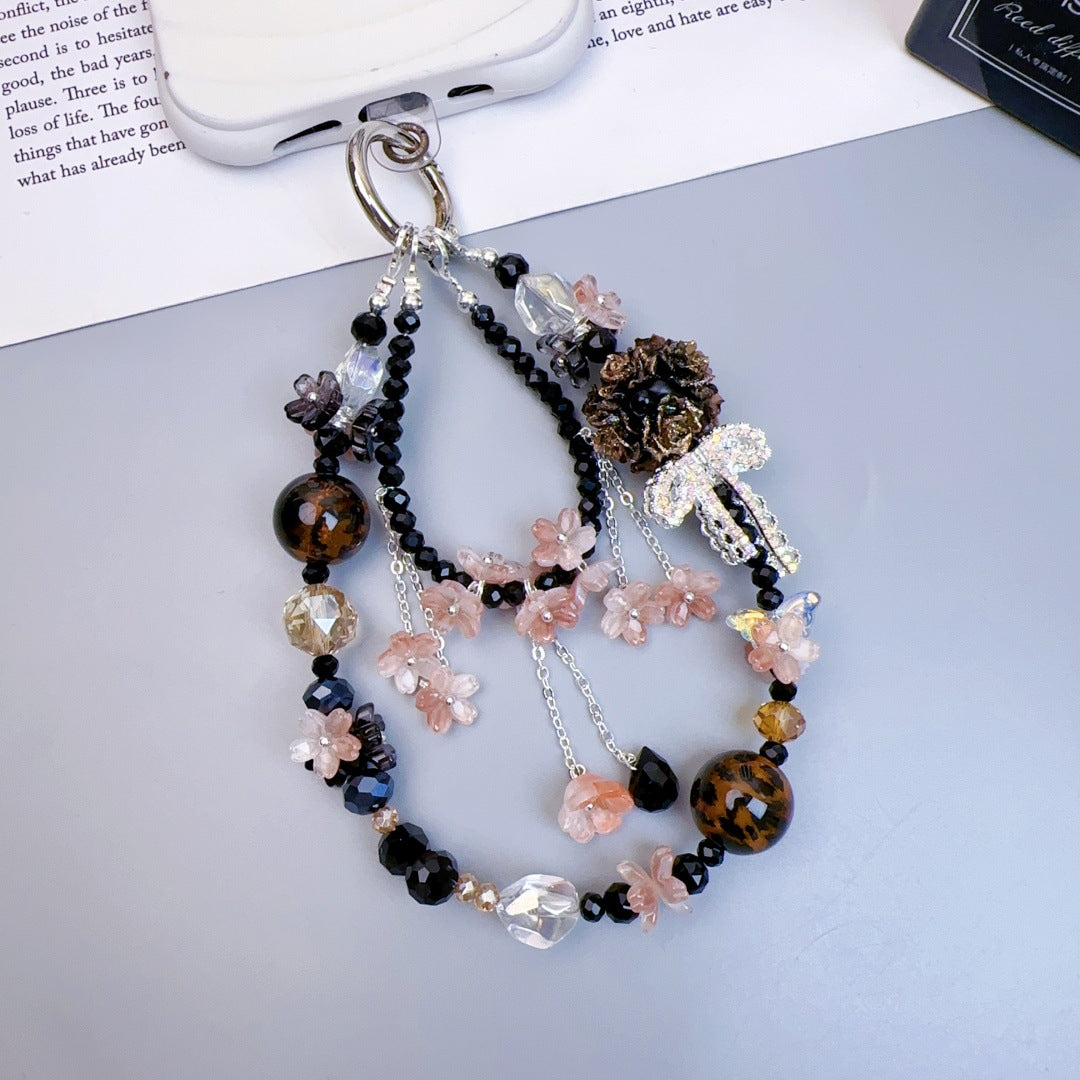 Crystal mobile phone chain beaded DIY premium sense light luxury luminous flower ball keychain hanging chain mobile phone pendant jewelry women