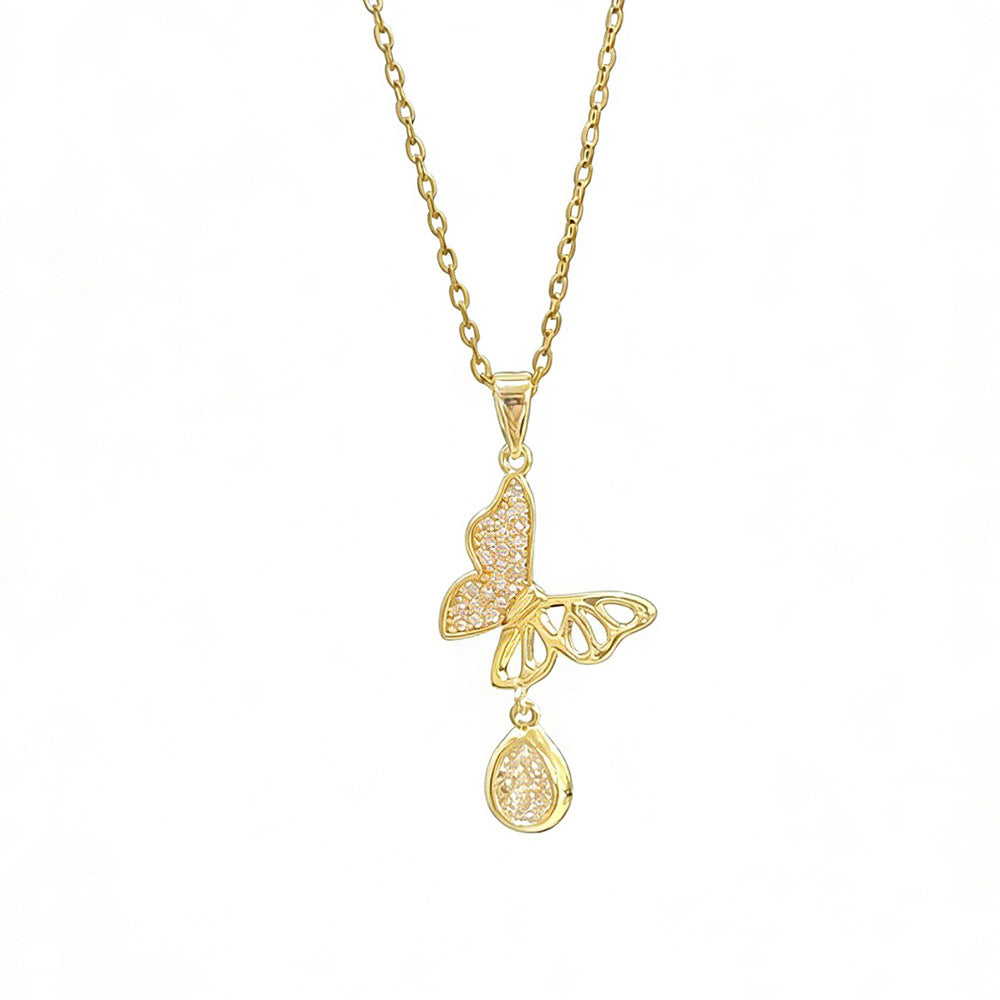 European and American cross-border new products copper micro-inlaid zircon water drop butterfly light luxury fashion personality elegant versatile collarbone necklace women