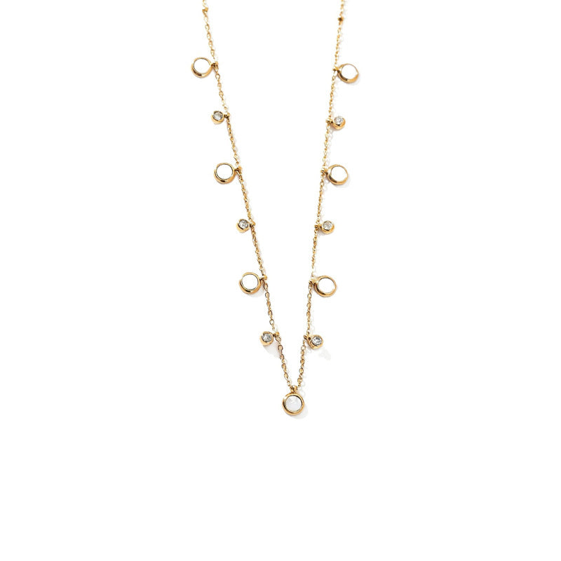 (whole body titanium steel) fashionable simple retro geometric round black and white shell zircon decorative accessories do not fade necklace