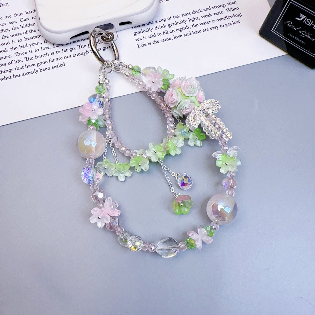 Crystal mobile phone chain beaded DIY premium sense light luxury luminous flower ball keychain hanging chain mobile phone pendant jewelry women