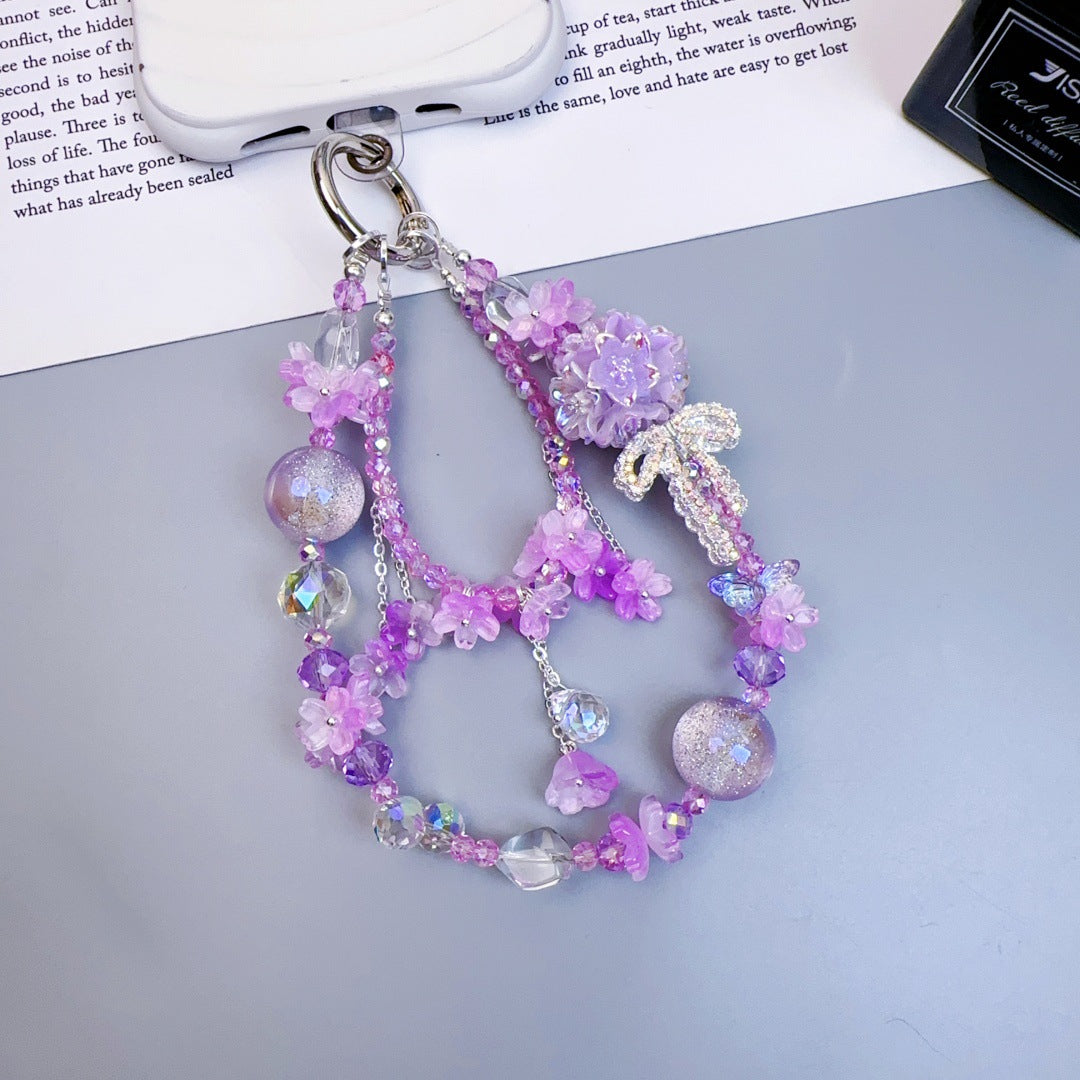Crystal mobile phone chain beaded DIY premium sense light luxury luminous flower ball keychain hanging chain mobile phone pendant jewelry women