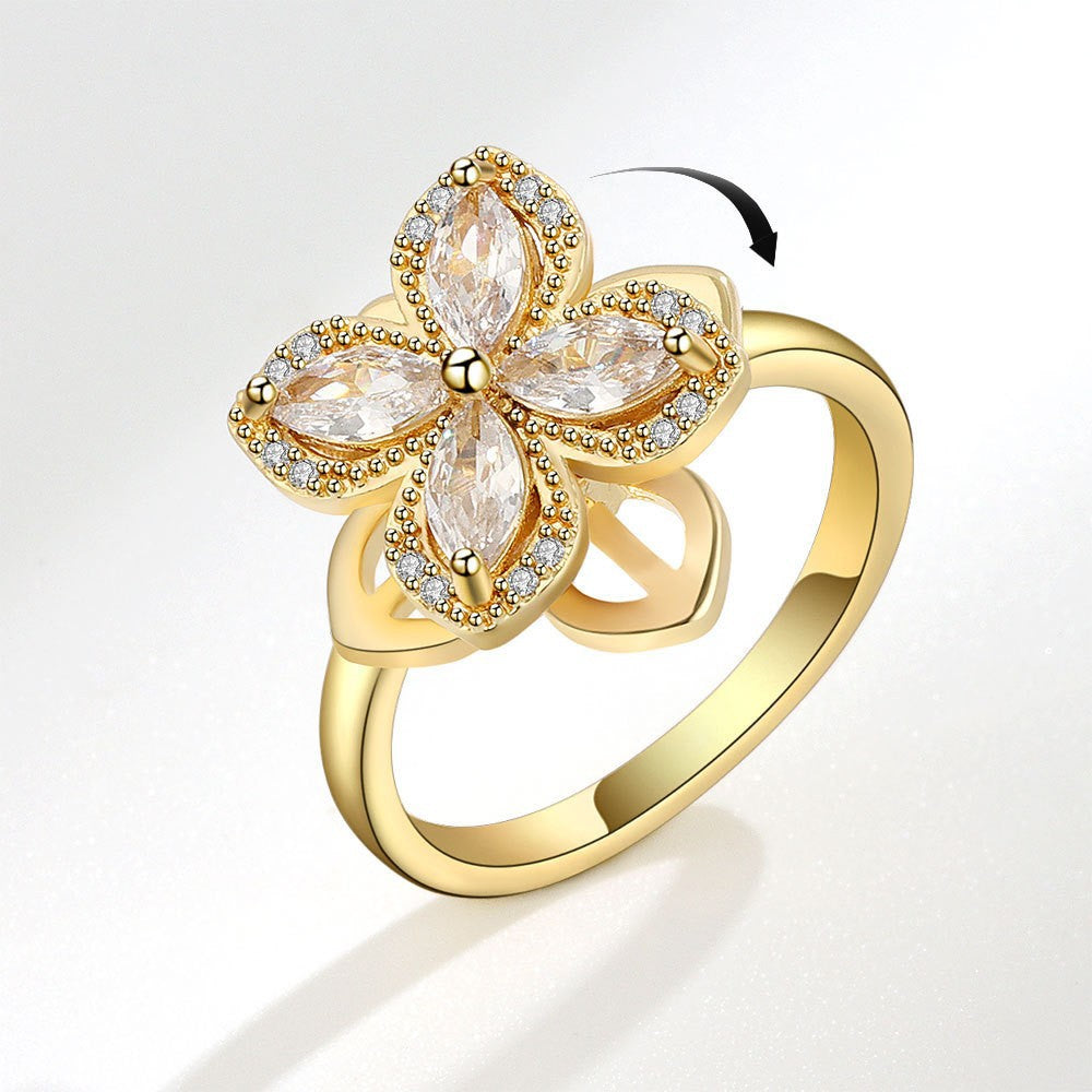 Full diamond rotating flower ring, four-leaf clover copper plated real gold ring, lucky grass guardian index finger ring opening adjustable
