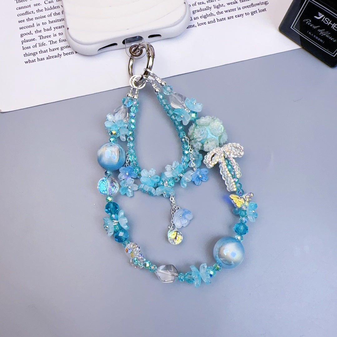 Crystal mobile phone chain beaded DIY premium sense light luxury luminous flower ball keychain hanging chain mobile phone pendant jewelry women