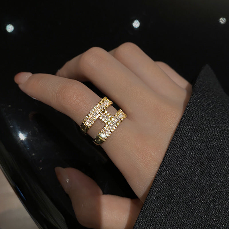 Douyin same letter H open ring, light luxury niche design, micro-inlaid zircon copper open adjustable ring