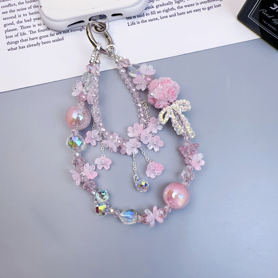 Crystal mobile phone chain beaded DIY premium sense light luxury luminous flower ball keychain hanging chain mobile phone pendant jewelry women
