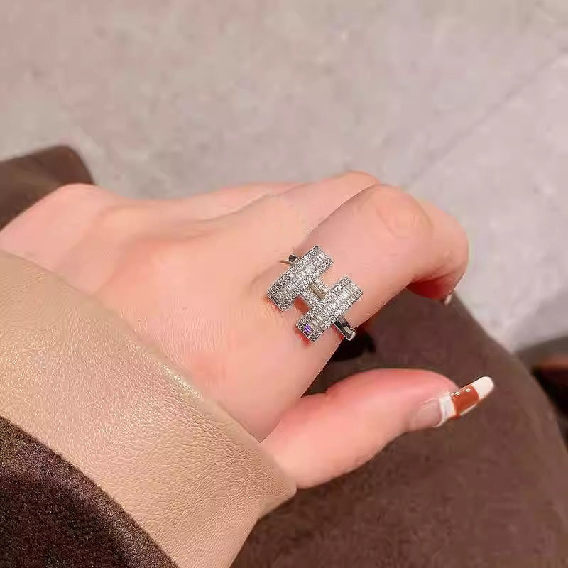 Douyin same letter H open ring, light luxury niche design, micro-inlaid zircon copper open adjustable ring
