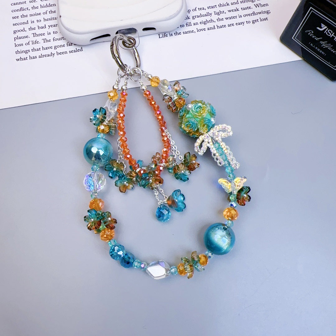 Crystal mobile phone chain beaded DIY premium sense light luxury luminous flower ball keychain hanging chain mobile phone pendant jewelry women