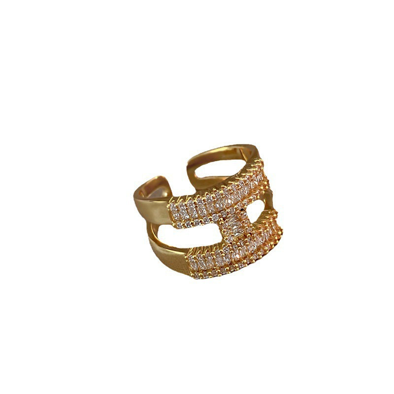 Douyin same letter H open ring, light luxury niche design, micro-inlaid zircon copper open adjustable ring