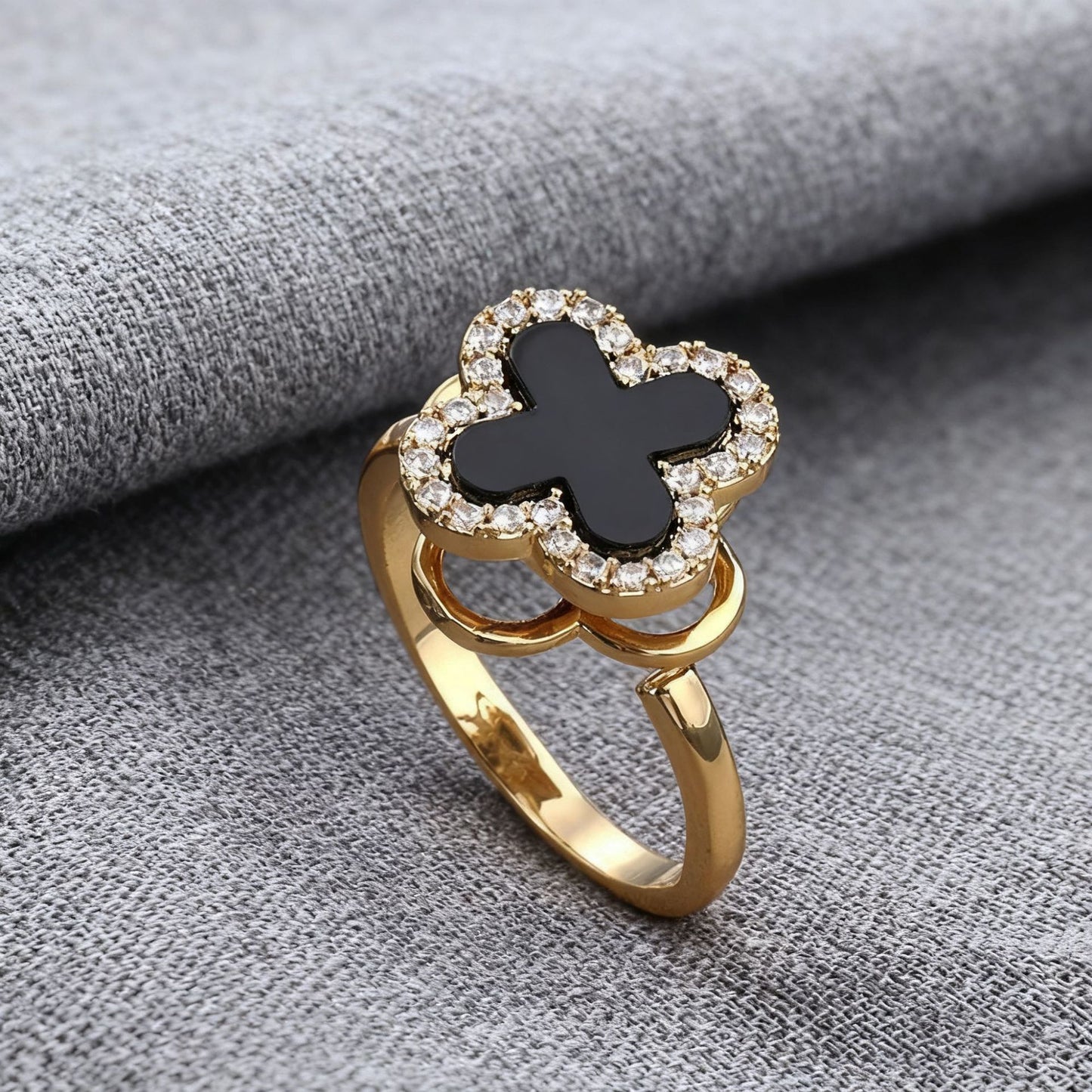 Full diamond rotating flower ring, four-leaf clover copper plated real gold ring, lucky grass guardian index finger ring opening adjustable