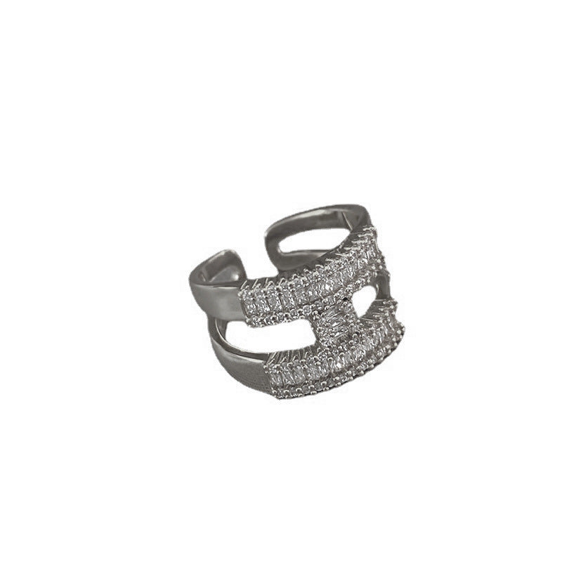 Douyin same letter H open ring, light luxury niche design, micro-inlaid zircon copper open adjustable ring