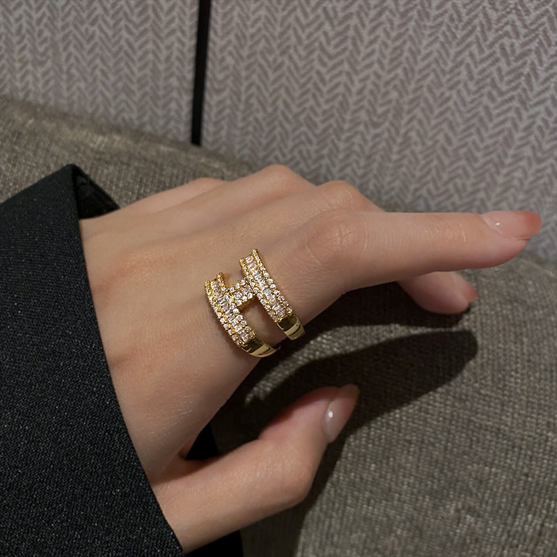 Douyin same letter H open ring, light luxury niche design, micro-inlaid zircon copper open adjustable ring