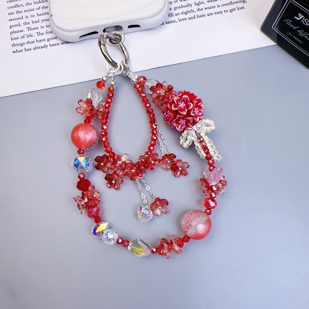 Crystal mobile phone chain beaded DIY premium sense light luxury luminous flower ball keychain hanging chain mobile phone pendant jewelry women