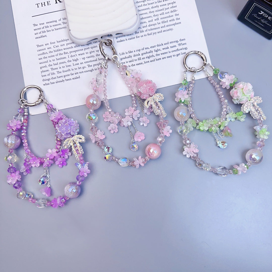 Crystal mobile phone chain beaded DIY premium sense light luxury luminous flower ball keychain hanging chain mobile phone pendant jewelry women