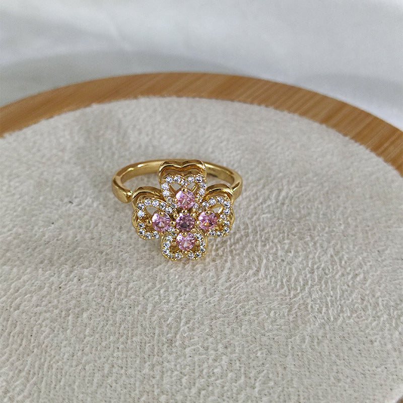 Full diamond rotating flower ring, four-leaf clover copper plated real gold ring, lucky grass guardian index finger ring opening adjustable