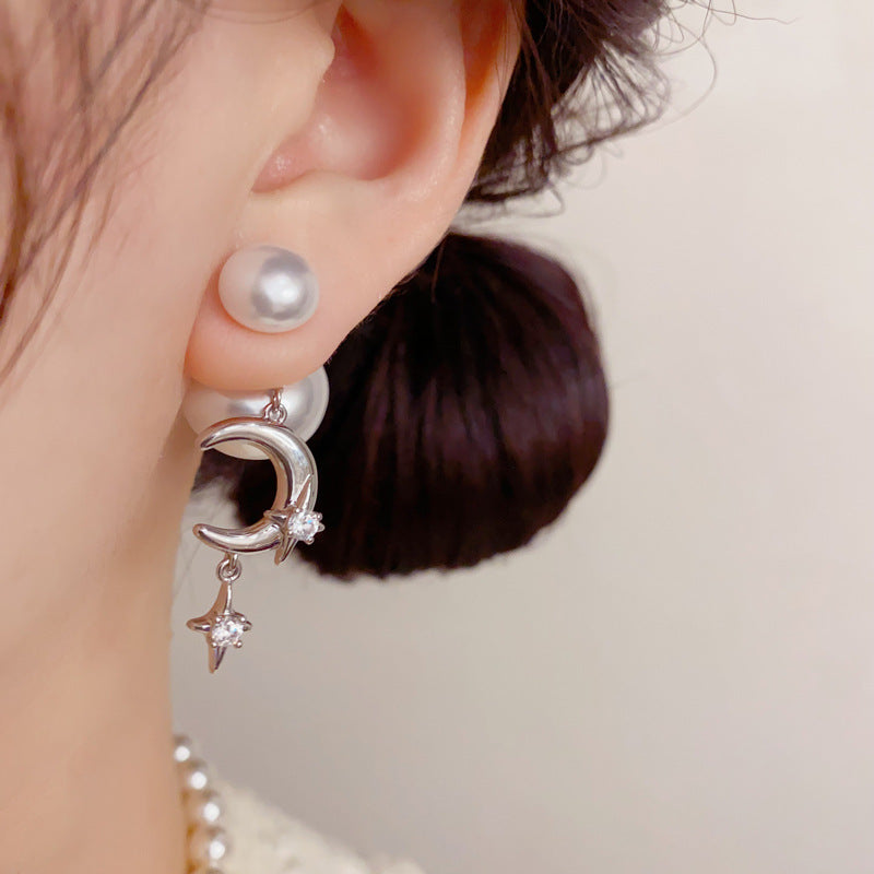 European and American cross-border personalized fashion pearls wear star and moon fringed earrings before and after temperament light luxury gentle versatile earrings women