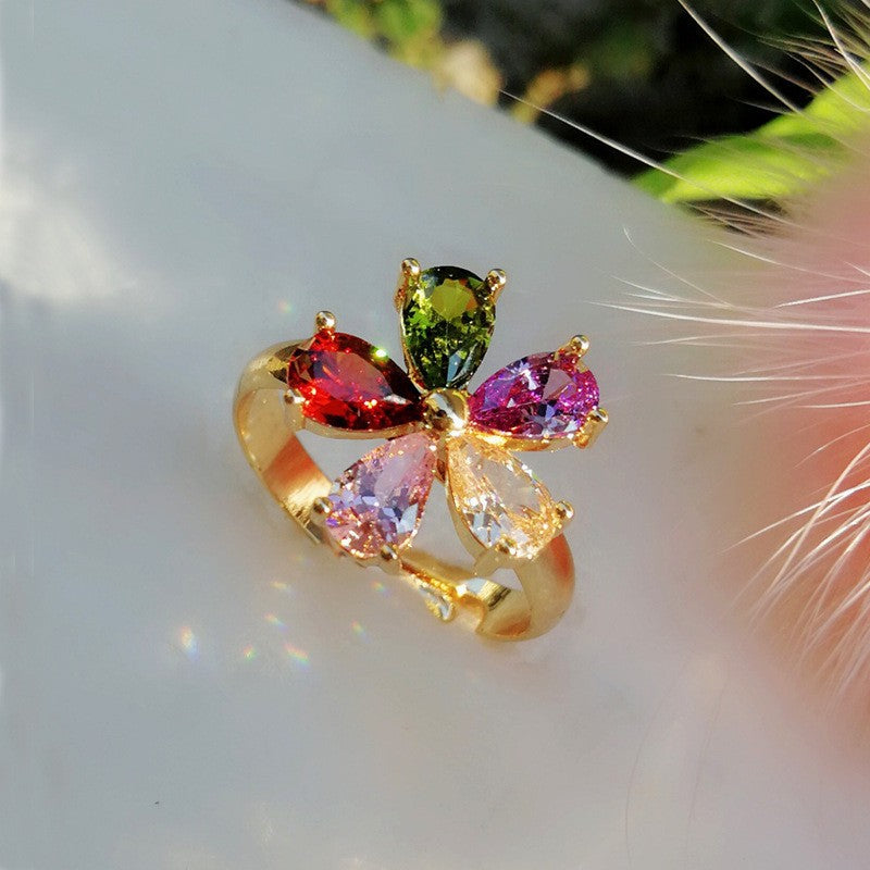 Full diamond rotating flower ring, four-leaf clover copper plated real gold ring, lucky grass guardian index finger ring opening adjustable