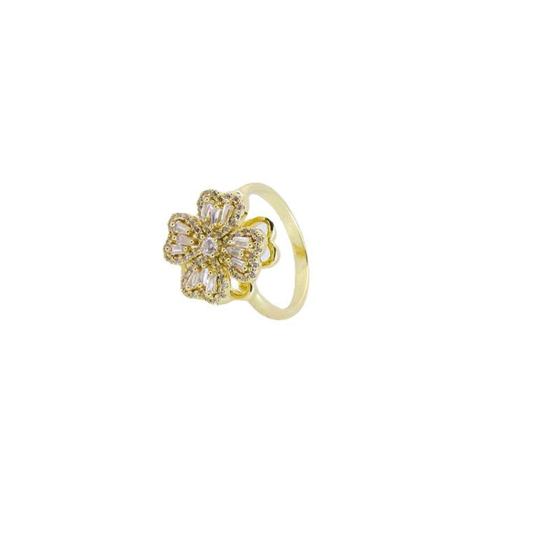 Full diamond rotating flower ring, four-leaf clover copper plated real gold ring, lucky grass guardian index finger ring opening adjustable
