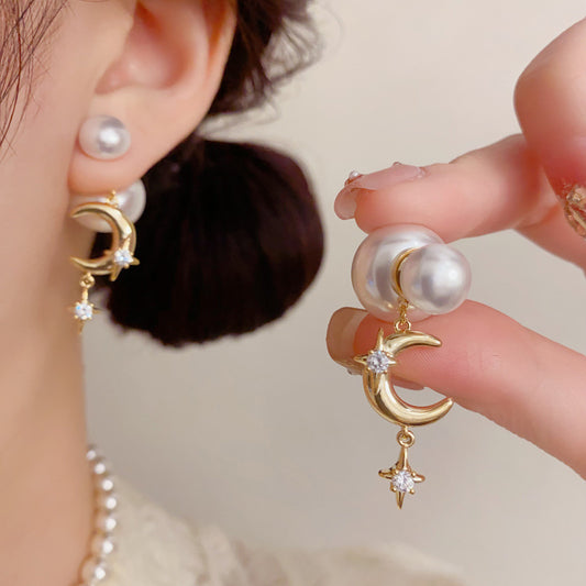 European and American cross-border personalized fashion pearls wear star and moon fringed earrings before and after temperament light luxury gentle versatile earrings women