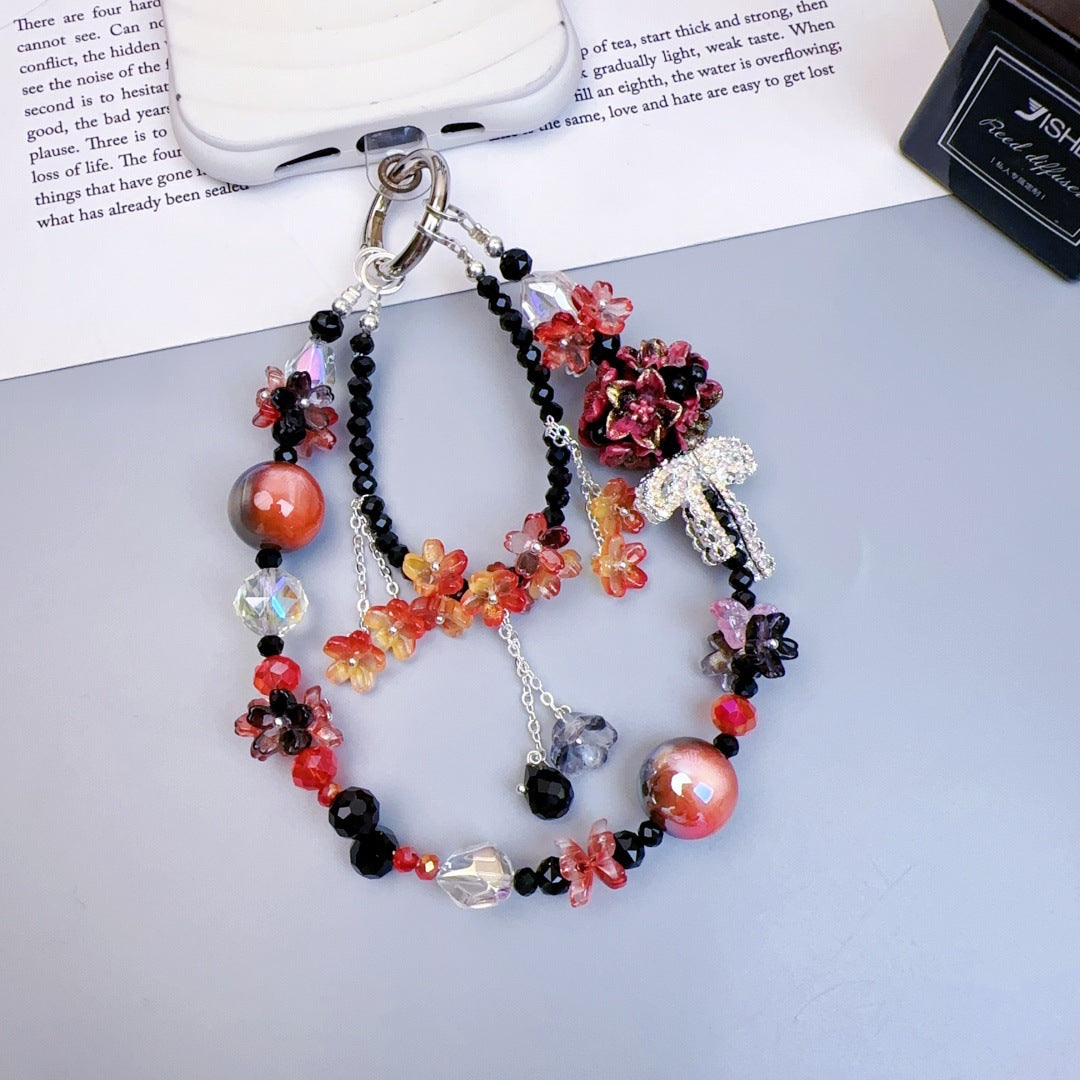 Crystal mobile phone chain beaded DIY premium sense light luxury luminous flower ball keychain hanging chain mobile phone pendant jewelry women