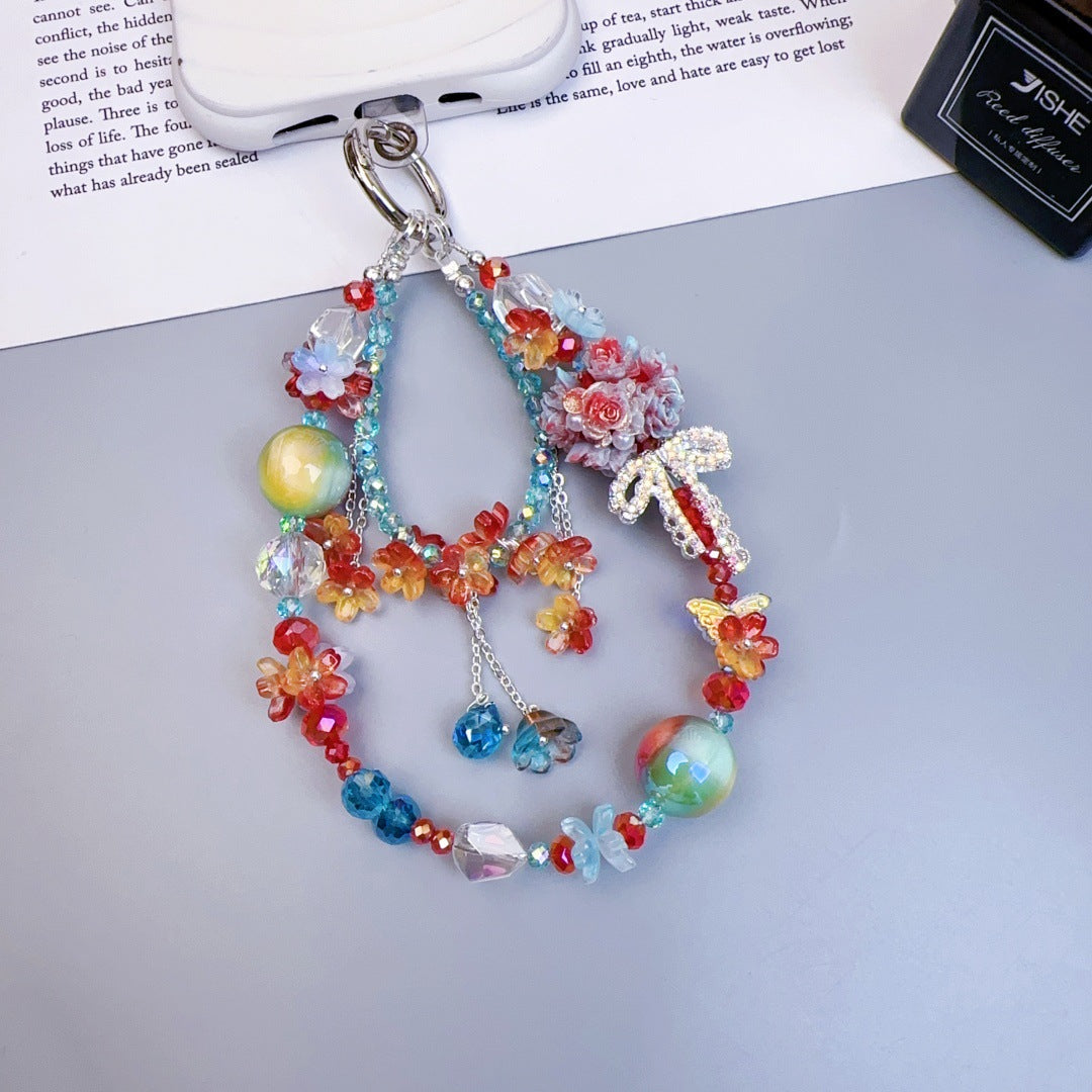 Crystal mobile phone chain beaded DIY premium sense light luxury luminous flower ball keychain hanging chain mobile phone pendant jewelry women