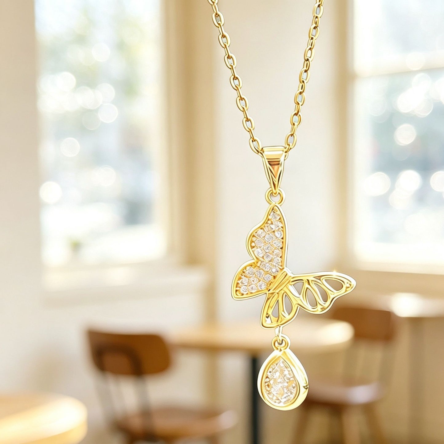 European and American cross-border new products copper micro-inlaid zircon water drop butterfly light luxury fashion personality elegant versatile collarbone necklace women