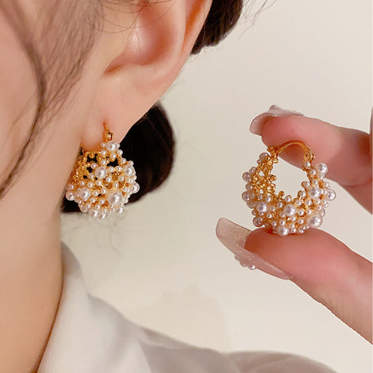 18K real gold electroplating fashion light luxury temperament pearl flower basket ear buckle women's niche design sense high-grade sweet earrings