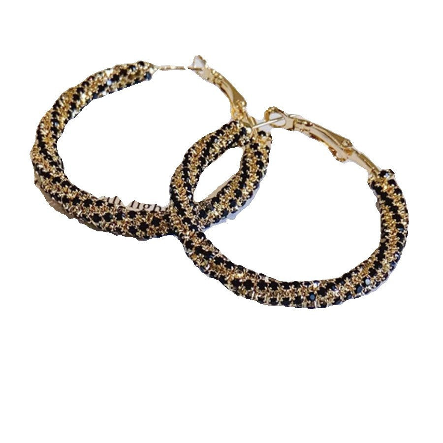 High-end circle black red full diamond gold circle earrings women's retro fashion spiral light luxury atmospheric ear jewelry