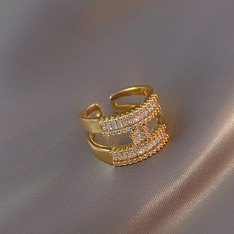 Douyin same letter H open ring, light luxury niche design, micro-inlaid zircon copper open adjustable ring