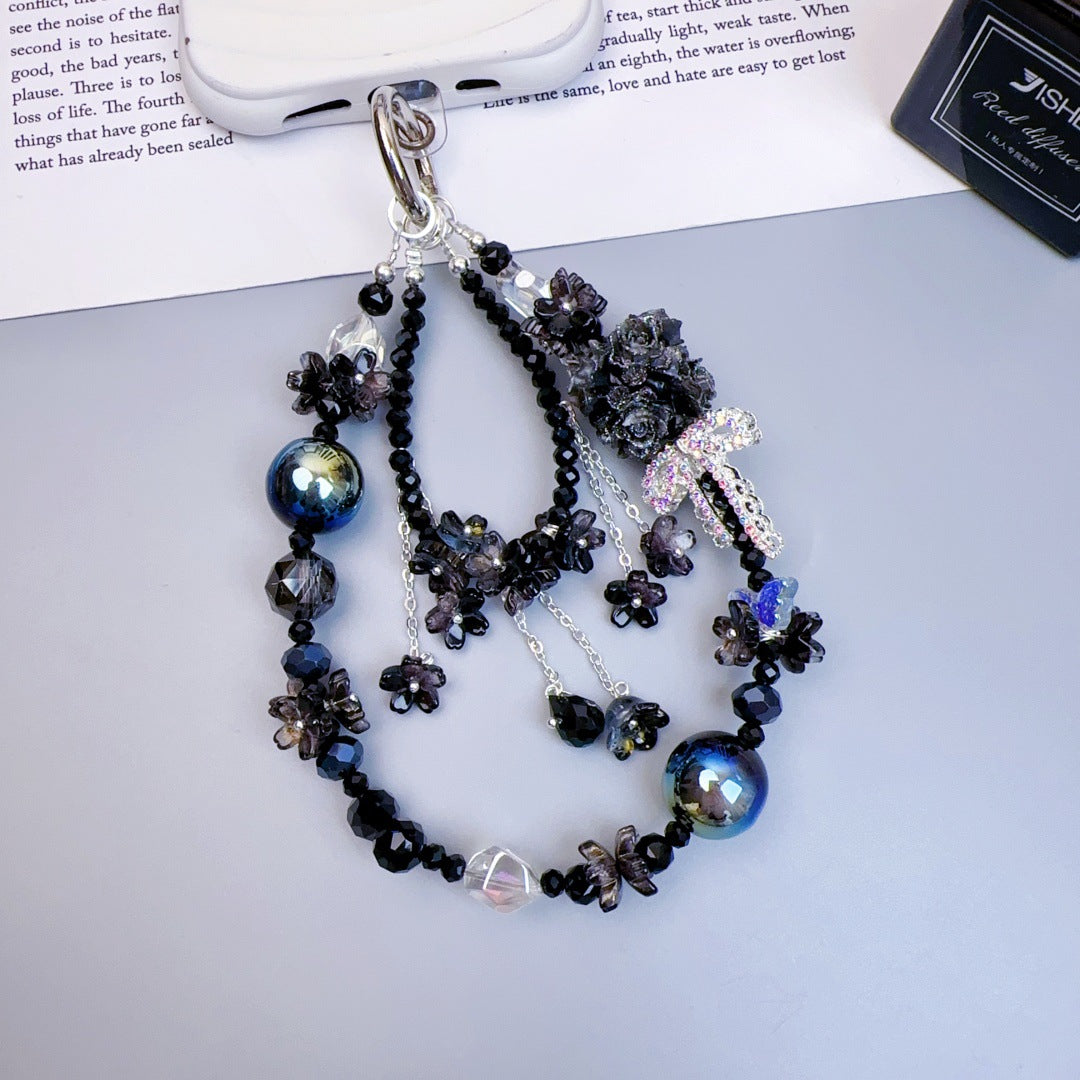 Crystal mobile phone chain beaded DIY premium sense light luxury luminous flower ball keychain hanging chain mobile phone pendant jewelry women