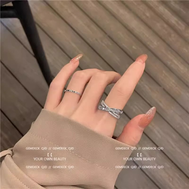 Full diamond cross three-dimensional open ring zircon fashion personality ins tide Internet celebrity micro zircon adjustable index finger ring