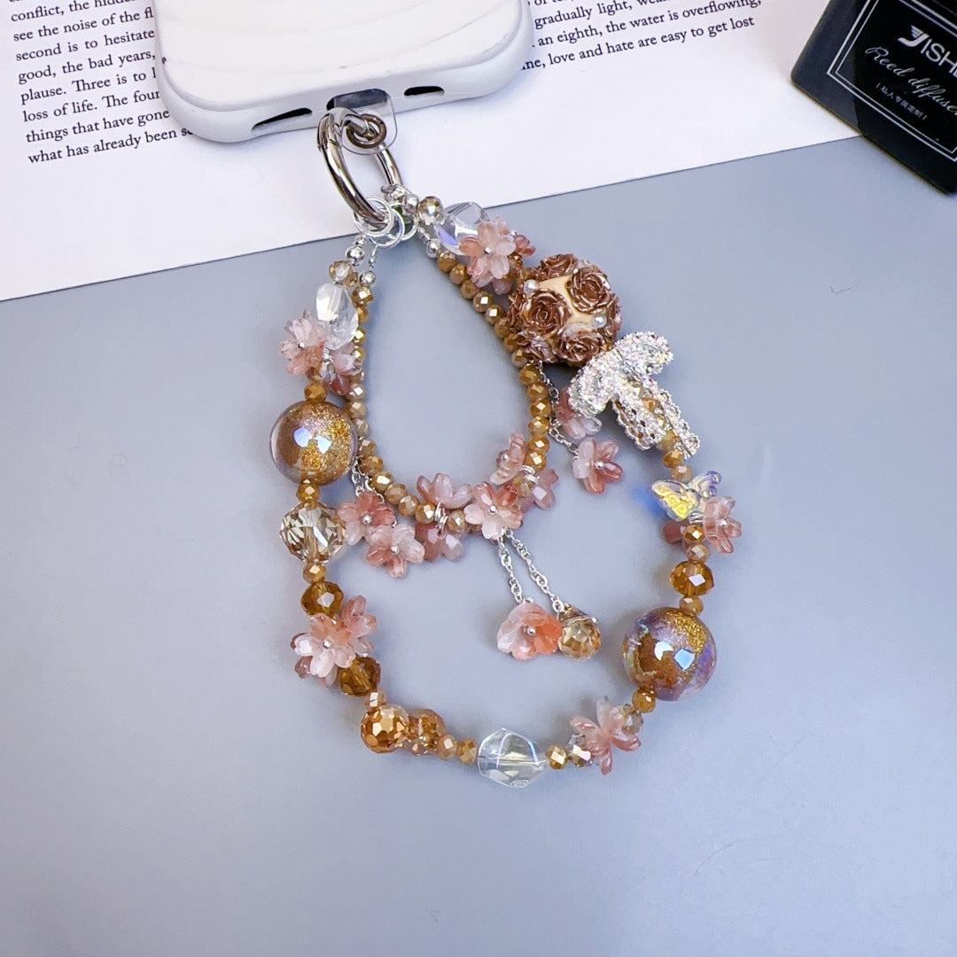Crystal mobile phone chain beaded DIY premium sense light luxury luminous flower ball keychain hanging chain mobile phone pendant jewelry women