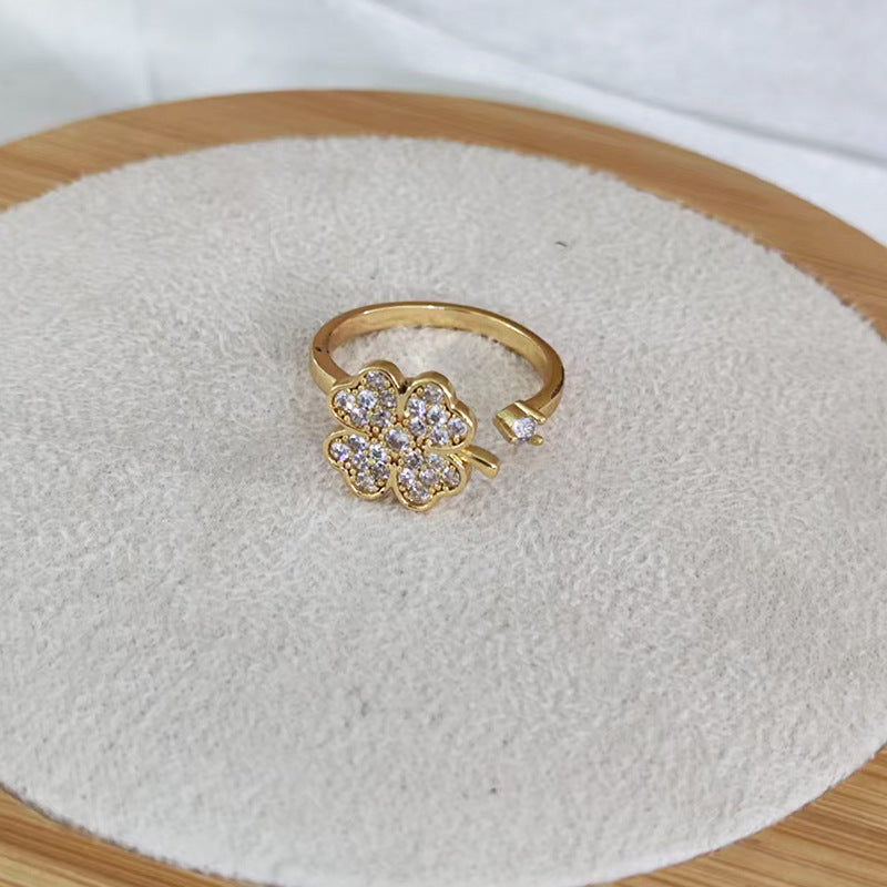 Full diamond rotating flower ring, four-leaf clover copper plated real gold ring, lucky grass guardian index finger ring opening adjustable