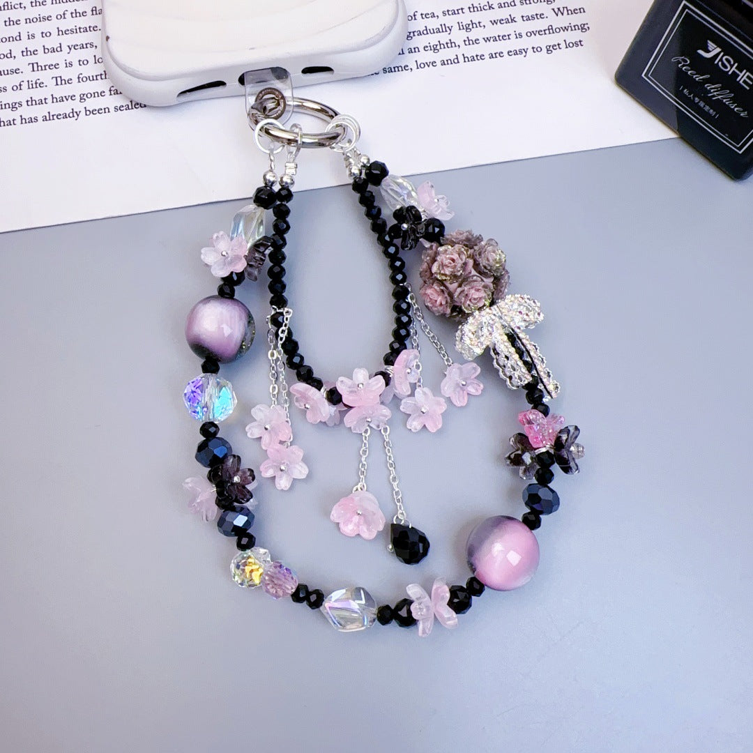 Crystal mobile phone chain beaded DIY premium sense light luxury luminous flower ball keychain hanging chain mobile phone pendant jewelry women